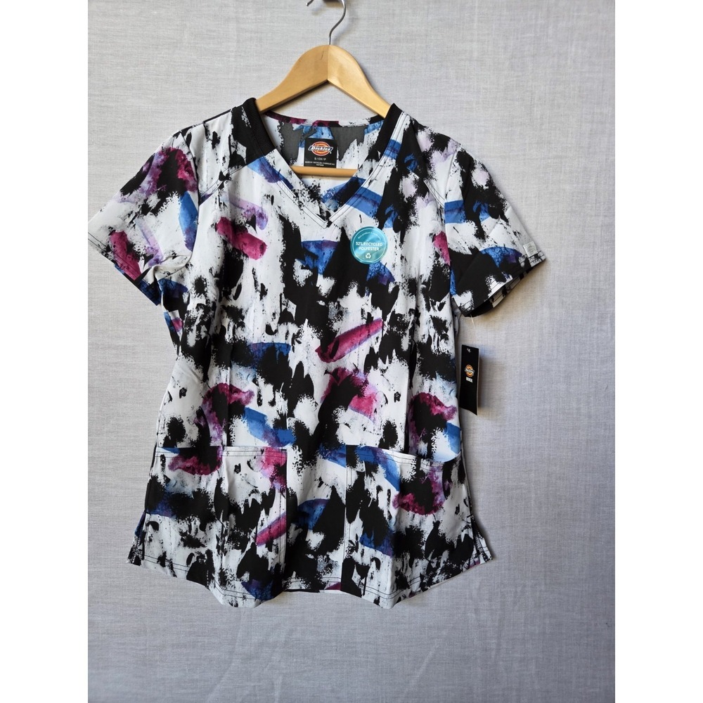 New DICKIES Scrub Top Women's Modern Abstract Stretchy Scrubs Small Watercolor